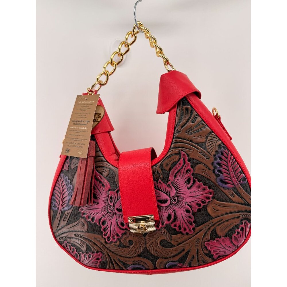 ARTESANAL leather hobo bag with embossed floral details and a gold-tone chain st